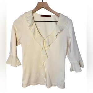 Barbara Lesser Fibers Women’s Cream Ruffle V-neck Stretchy Top Sz M